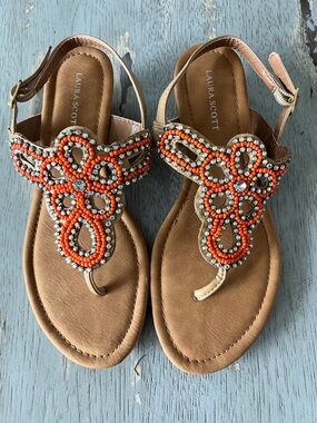 Laura Scott Orange Beaded T-Strap Sandals